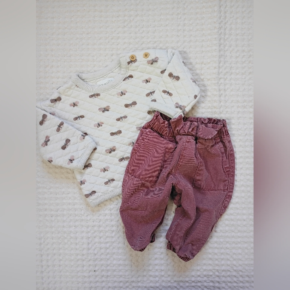 Quilted Bee Print Baby Top & Mauve Corduroy Pants